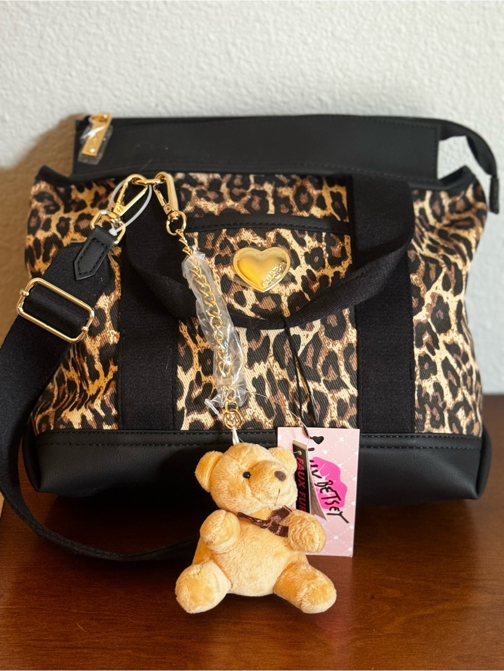 Betsey Johnson Brown Black Leopard
Cheetah Print Crossbody Tote Bag w/Bear charm